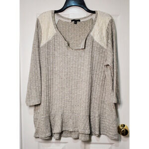Signature Studio Plus Size 2X Gray Knit Top with Lace Accents – Long Sleeve